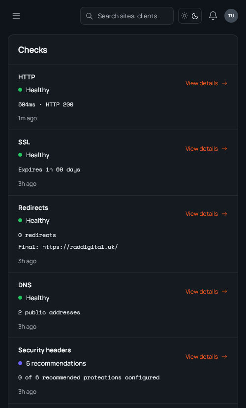 RAD Tools site checks panel